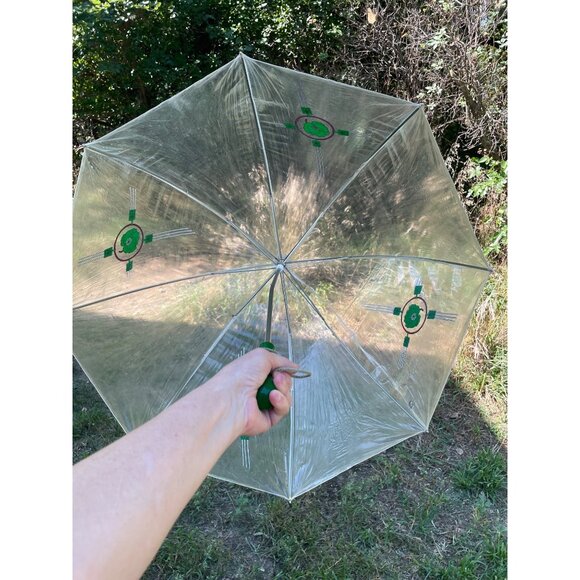 Vintage 1960s Clear Vinyl Bubble Umbrella Green Flowers & Handle - Picture 1 of 16